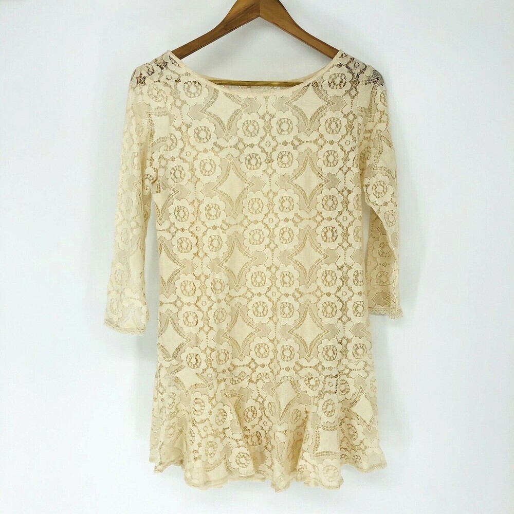 Free People Ivory Lace Overlay Drop Hem Tunic Dress Size 2 Long Sleeve Boho